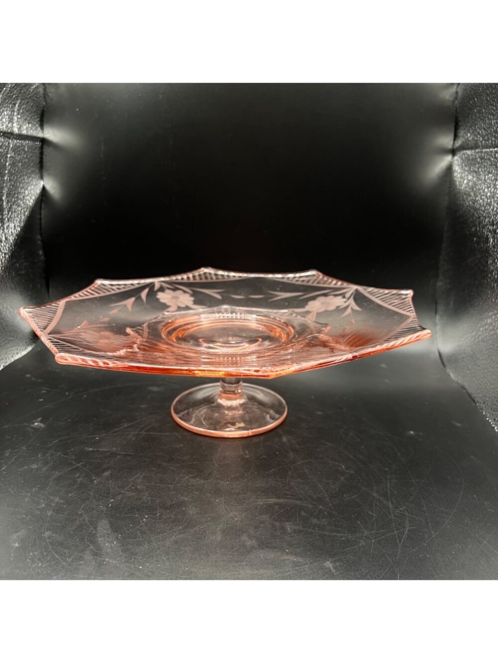 Pink Depression Glass Pedestal Cake Stand Etched Floral Octagon 2 piece design